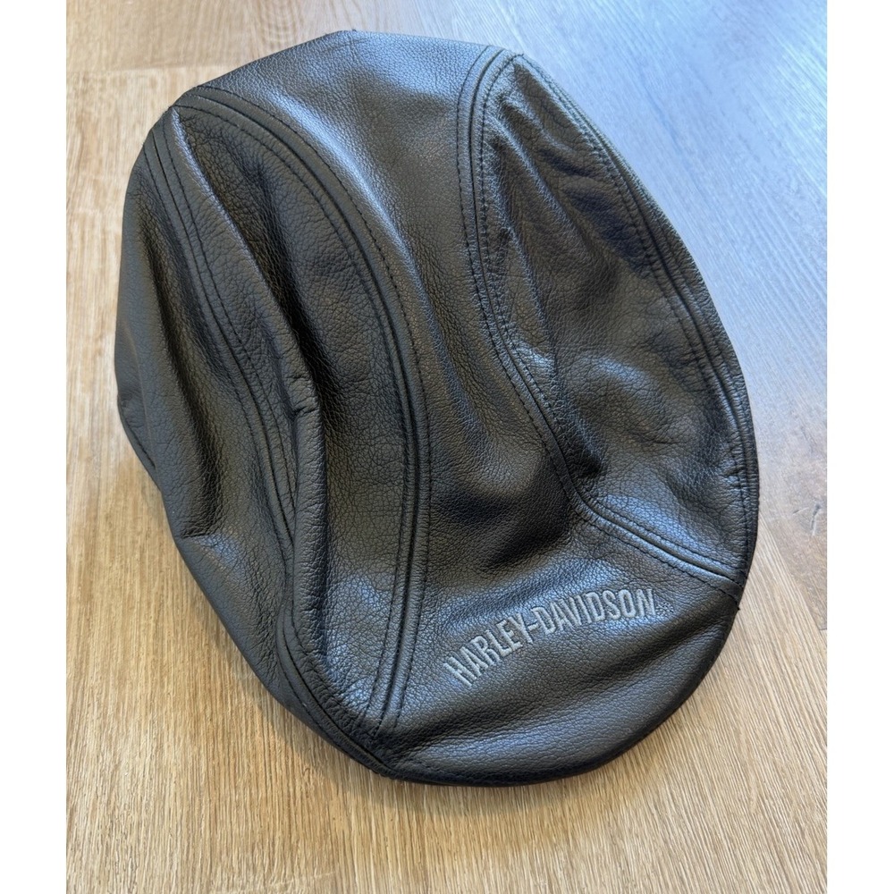 Harley Davidson Flat Cap Ivy Hat Mens XL Black Leather Embroidered Biker